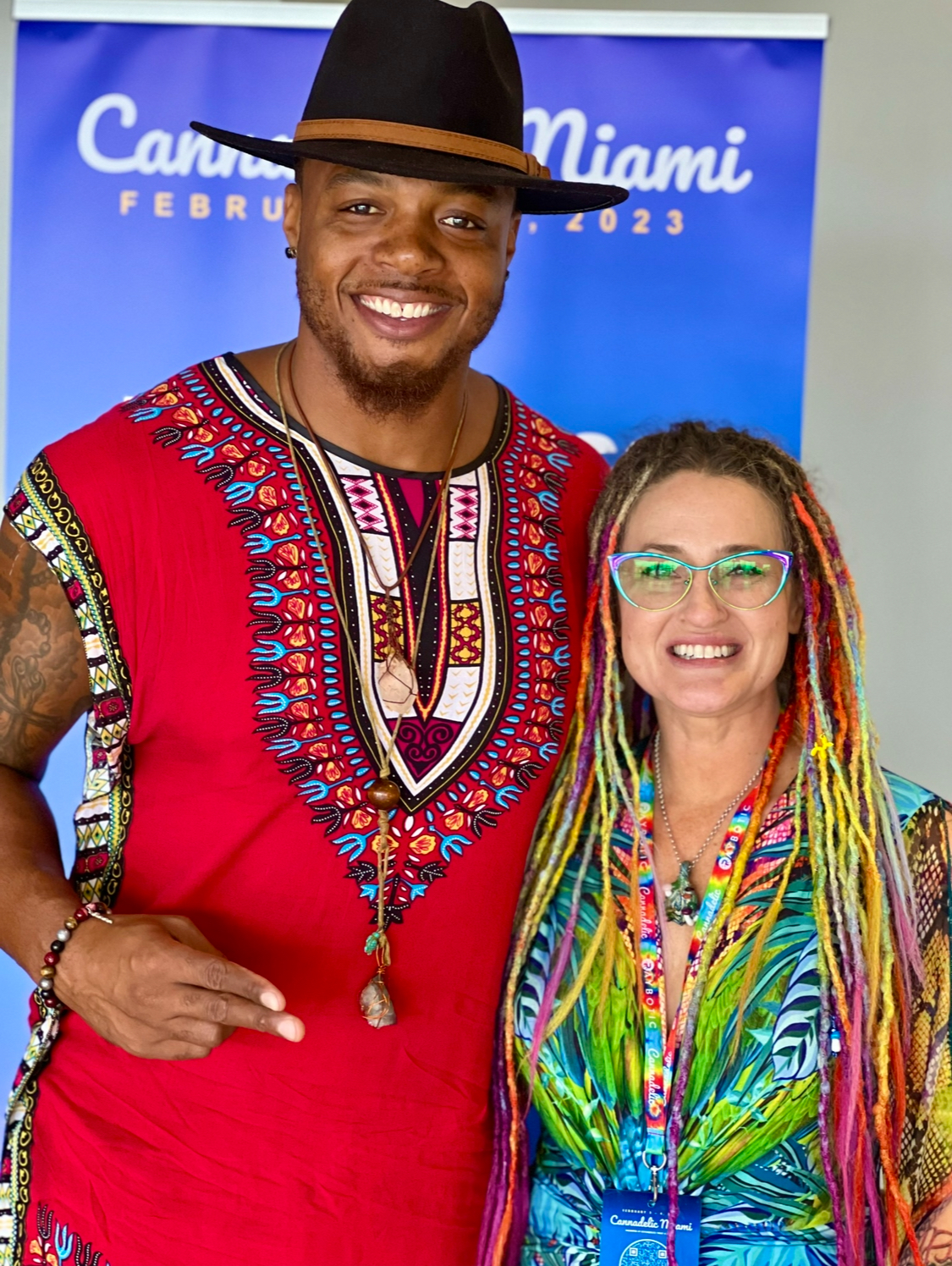 Wes Saunders, former Pittsburgh Steelers player, Holistic Lifestyle Advisor, and Founder of Wes Joose with Cannadelic Founder, Nurse Colleen Murray at Cannadelic Miami 2023.