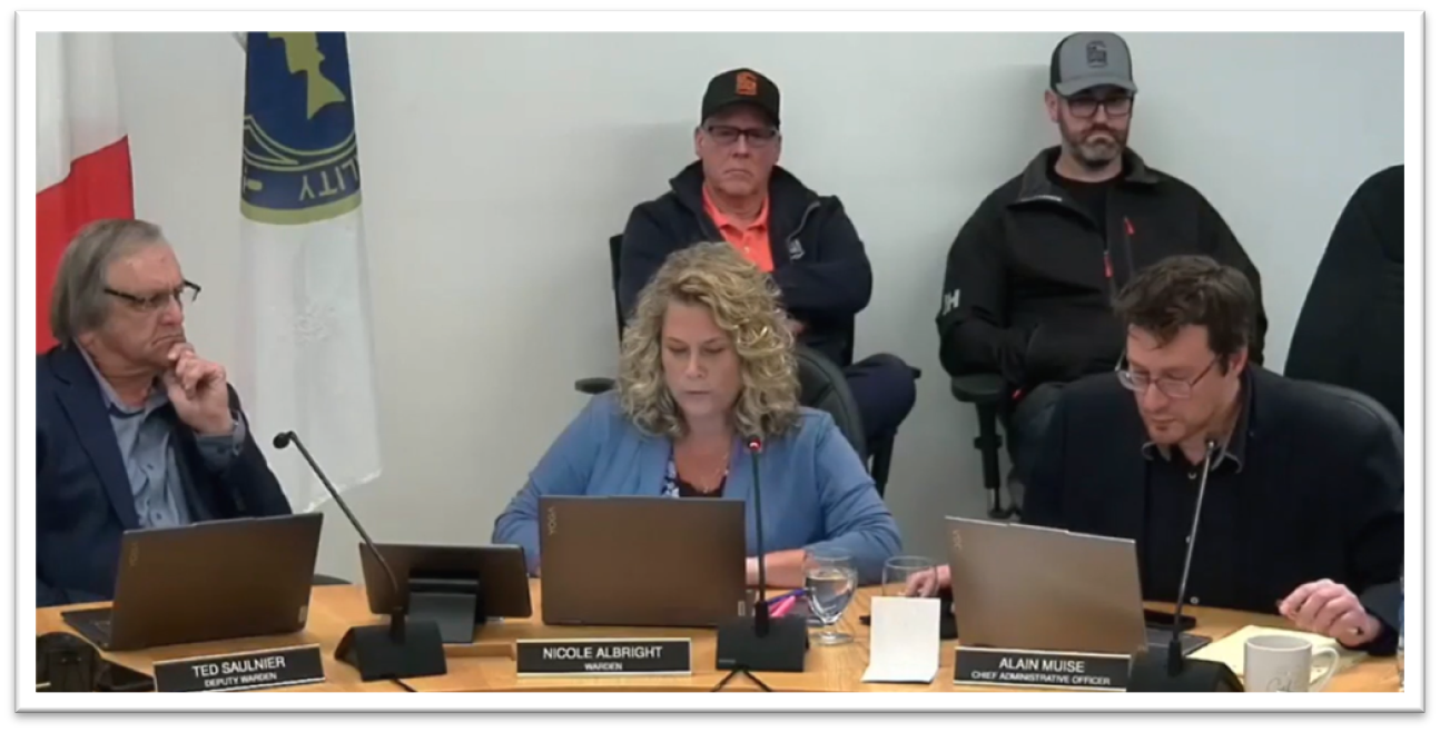 Top Right to Left: Nolan Deon, and Colton Deon from Deon’s Oysters sit behind Deputy Warden Ted Saulnier, Warden Nicole Albright, and CAO Alain Muise during the March 20 session for the municipality of Argyle NS.
