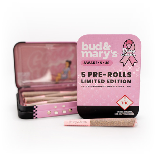 Limited edition “Aware-N-Us” 5-pack infused pre-rolls in Blazy Susan pink tin