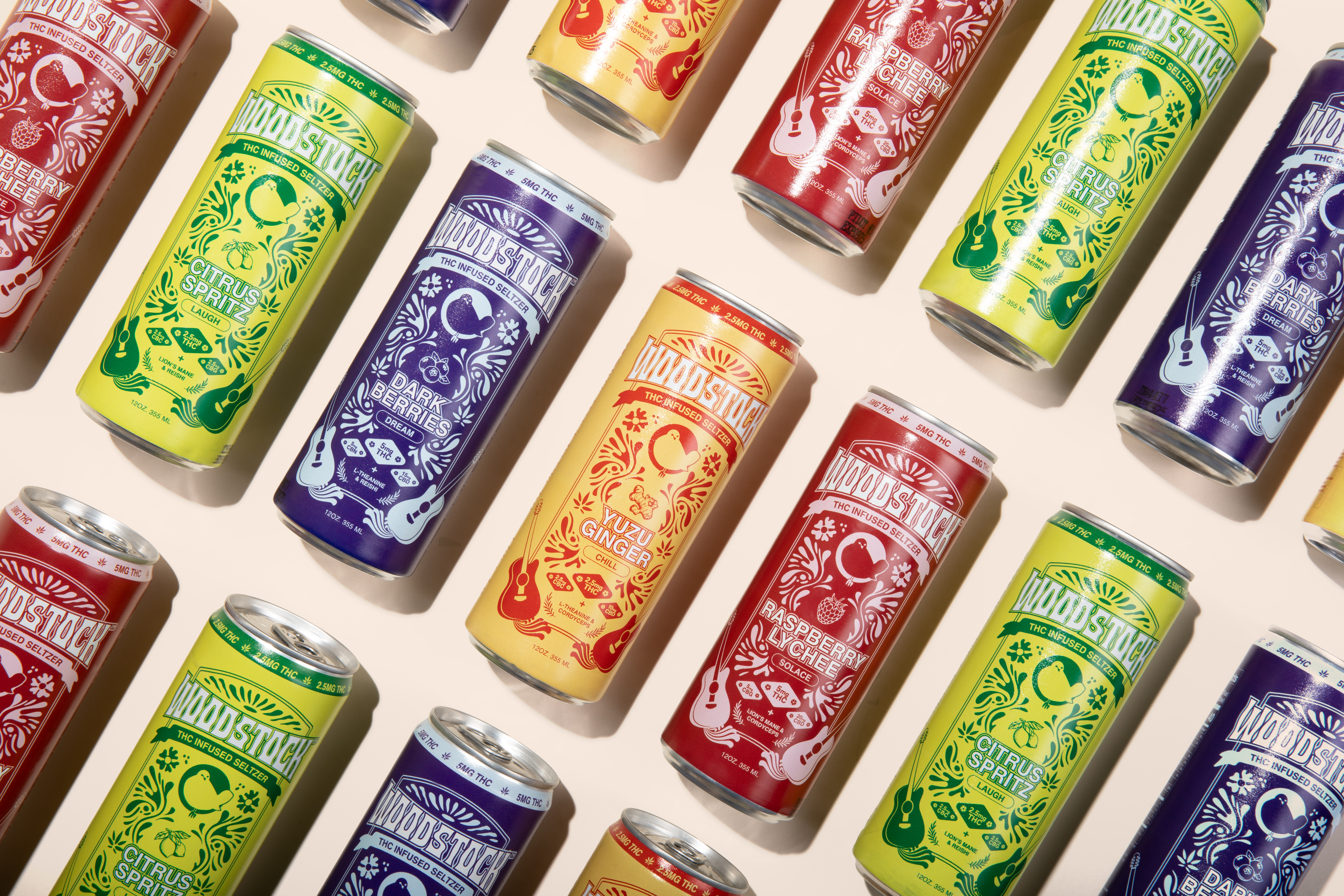 Woodstock's four THC-infused seltzers feature elevated flavors like Citrus Spritz, Yuzu Ginger, Raspberry Lychee, and Dark Berries, each formulated with minor cannabinoids and functional ingredients for specific mood-based experiences.