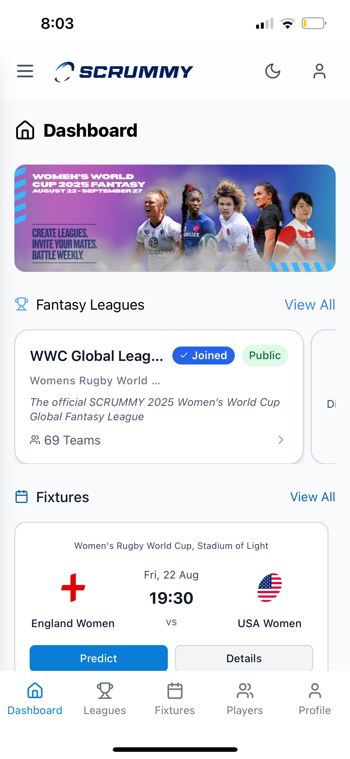 SCRUMMY dashboard is the central hub inside the app where users manager their fantasy rugby experience.