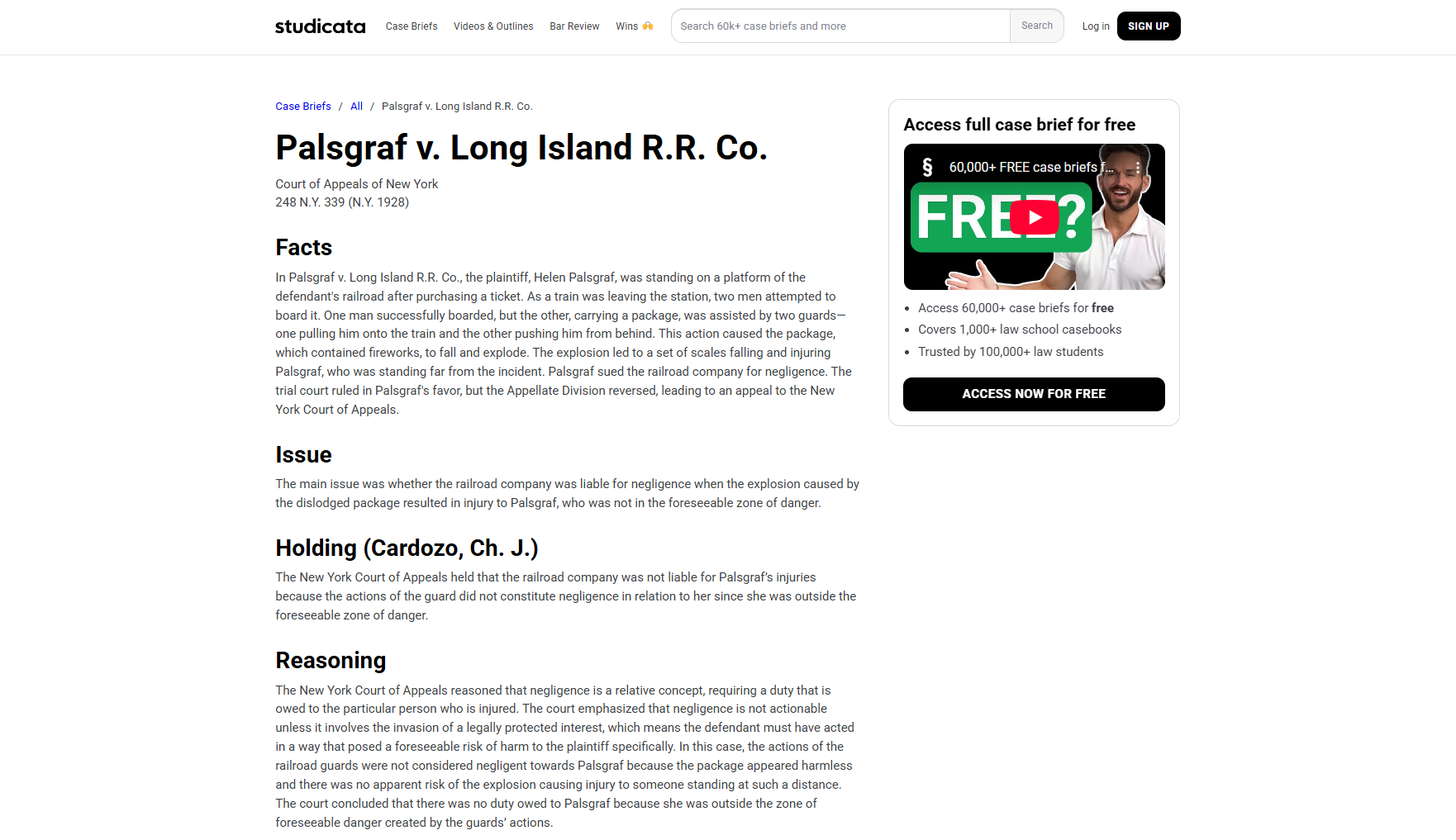 Inside Studicata’s Skool Community, where law students access over 60,000 free AI-powered case briefs — including classics like Palsgraf v. Long Island R.R. Co.