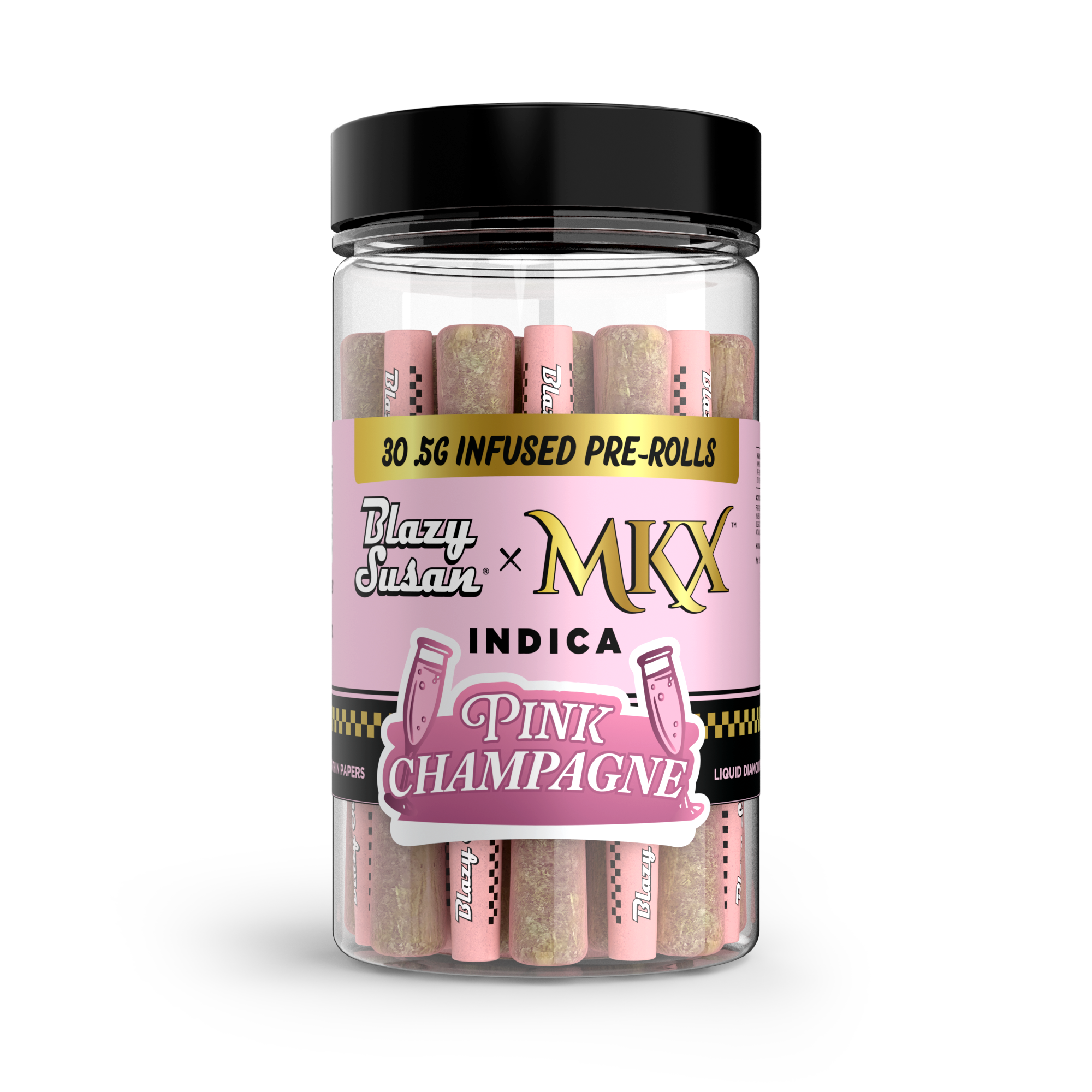 Blazy Susan x MKX 0.5g Liquid Diamond Infused Pre-Roll 30-Pack in Pink Champagne. The collaborative product line also includes Lemon Cherry Gelato, and Raspberry Rose.