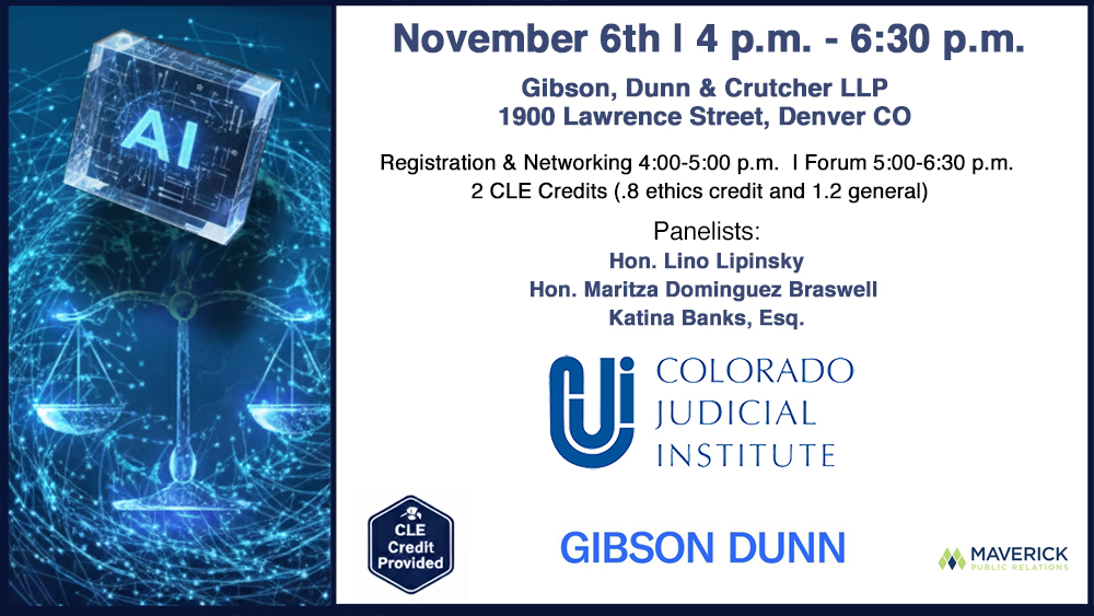 Colorado Judicial Institute (CJI), the state’s only independent, nonpartisan nonprofit dedicated to promoting excellence, equity, impartiality, and public trust in Colorado’s courts, announced it will host a Thought Leadership Forum on one of the most pressing issues facing the legal profession: the influence of artificial intelligence.