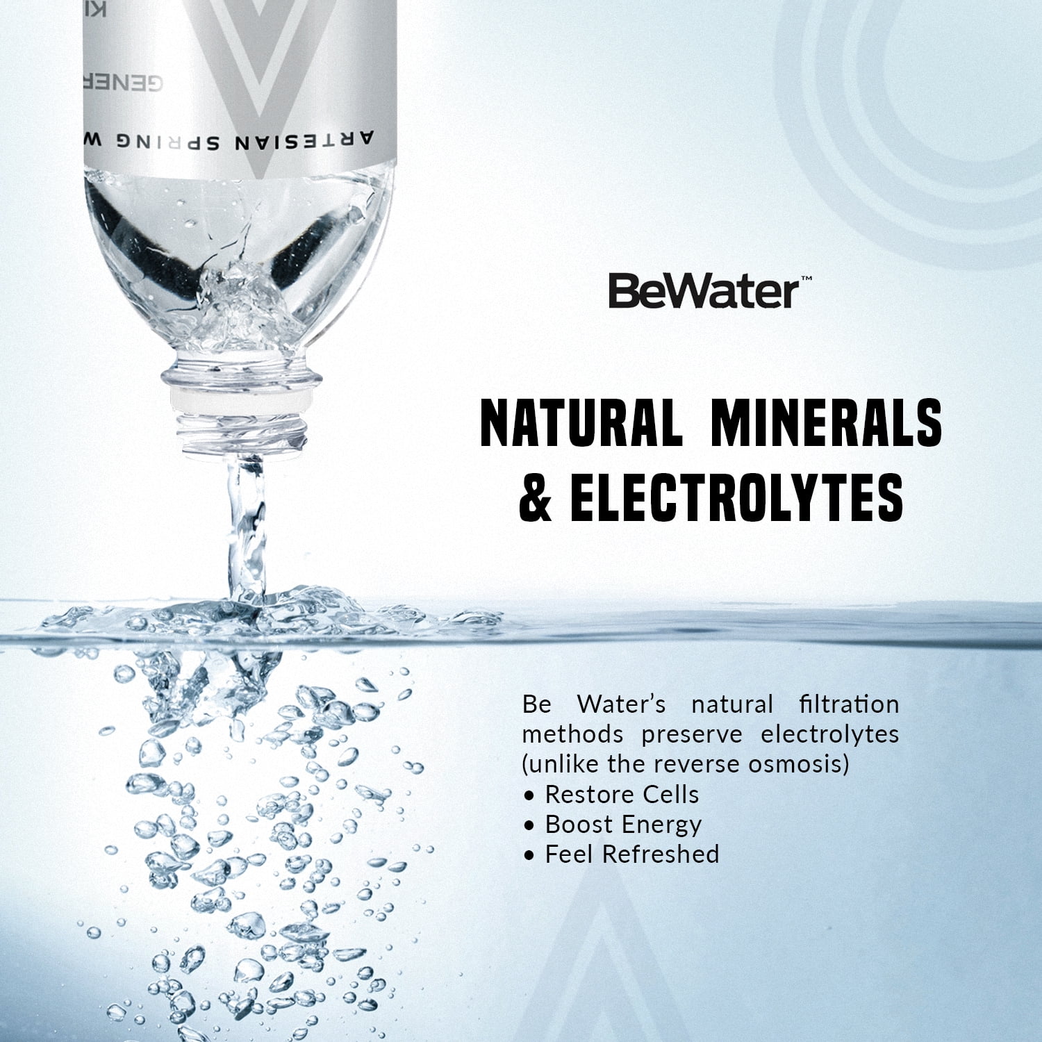 Unlike many competitors that purify municipal tap water, Be Water™ is a naturally mineralized spring water created by geology rather than processing, sourced from springs in the Blue Ridge Mountains.