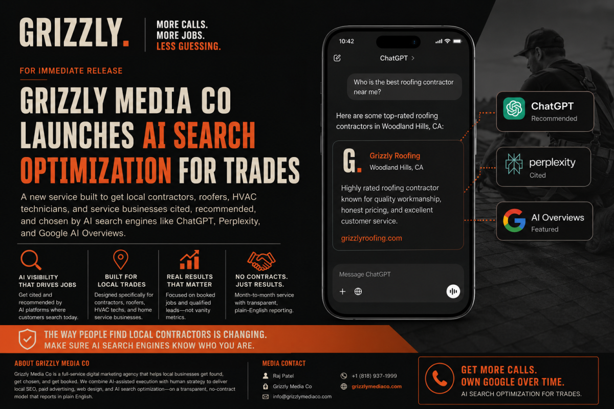 Grizzly Media Co Launches AI Search Optimization for Trades to Boost Visibility in ChatGPT and Google AI Overviews